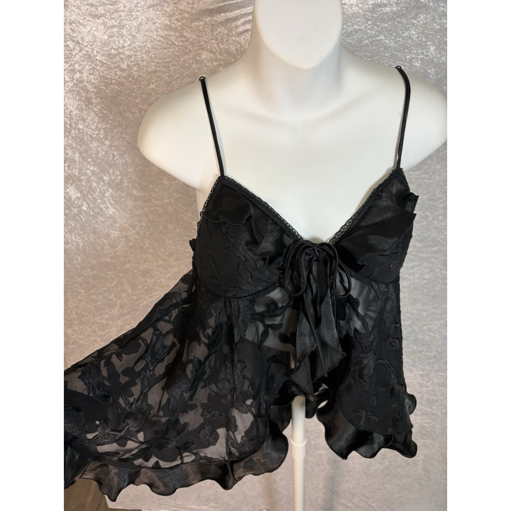 Y2K Black Sheer Lace Babydoll Cami Top Coquette Indie Sleaze Fairy Grunge Mesh M